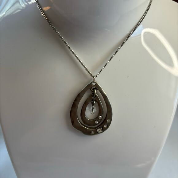 Organic Hammered Teardrop Necklace Silver Crystal Rhinestone Details - Picture 2 of 7